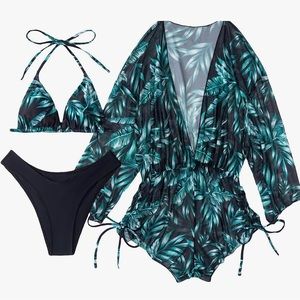 3 Piece Swimsuit Leaf Print Halter Drawstring Side Bikini Set with Cover Up